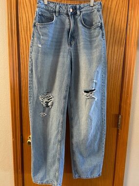 &Denim Light Blue Distressed Mom Ultra High Waist Baggy Jeans